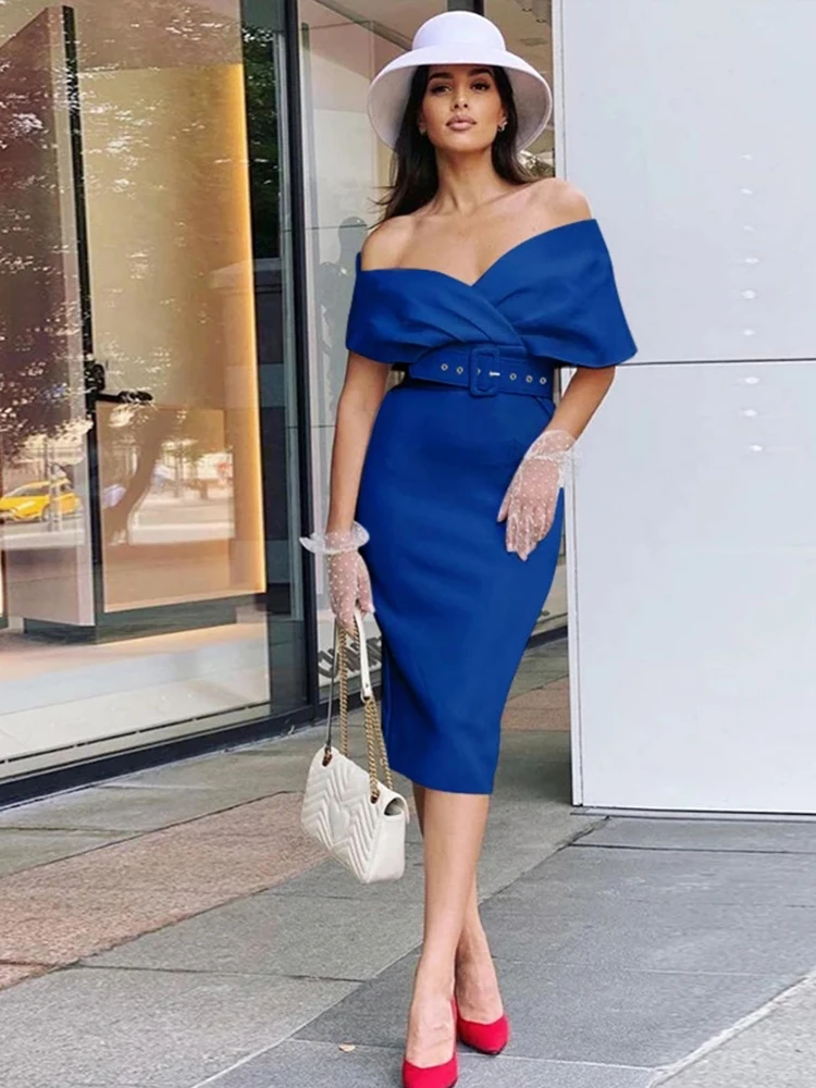 PLEINDI Luxury Evening Dresses Boat Neck Straight Sleeveless Tea-Length Chiffon 2022 New of Sashes Exquisite Prom Dress Women