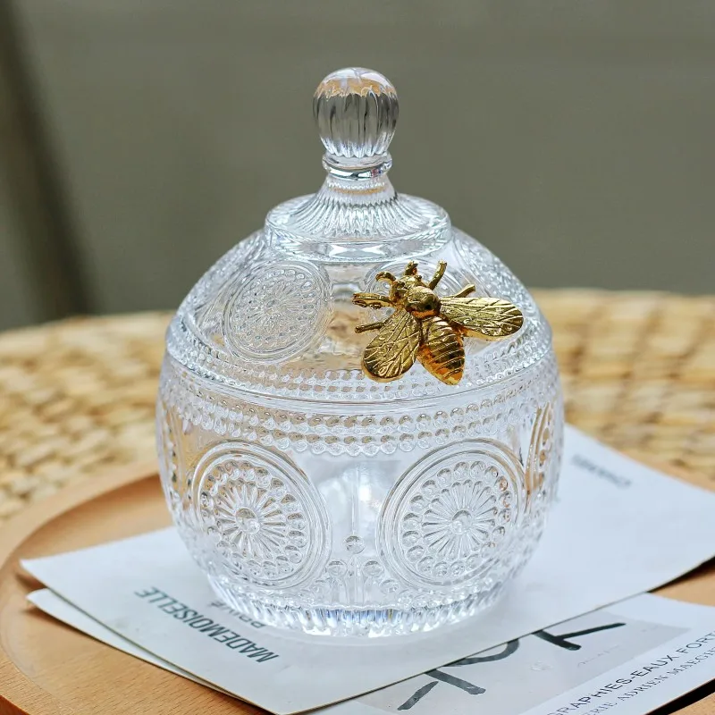 

Simple European-style Golden Bee Glass with Lid Storage Jar Storage Jar Jewelry Box Candy Jar Glass Container Decorative Jar
