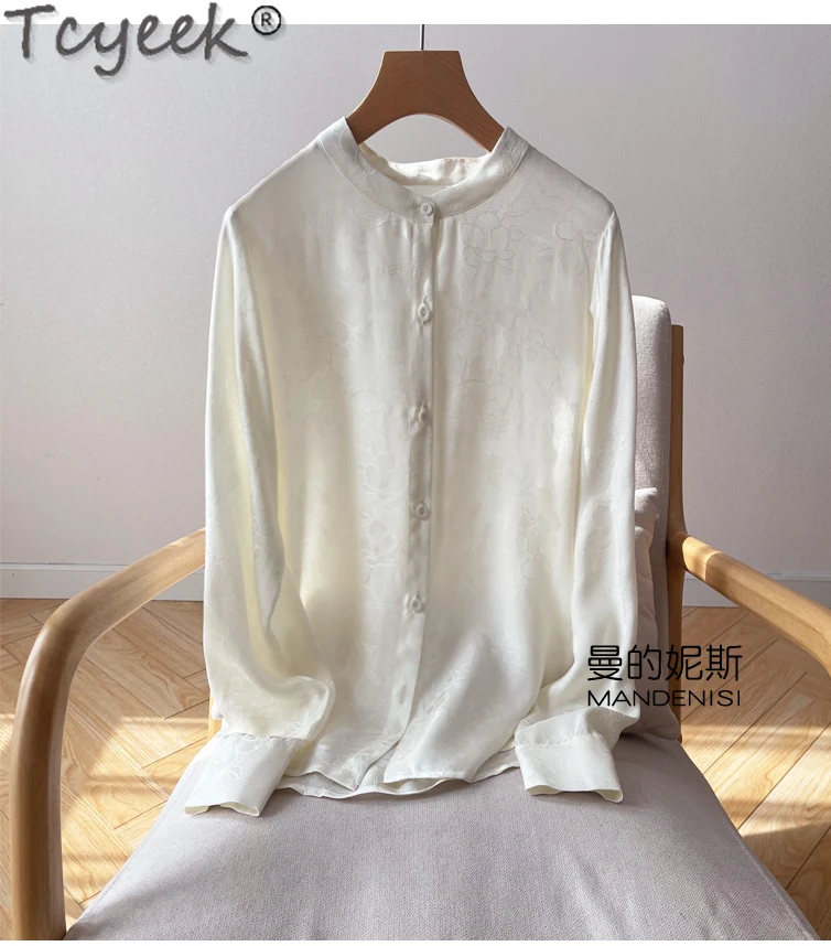 Женская блузка из натурального шелка с длинным рукавом и воротником-стойкой