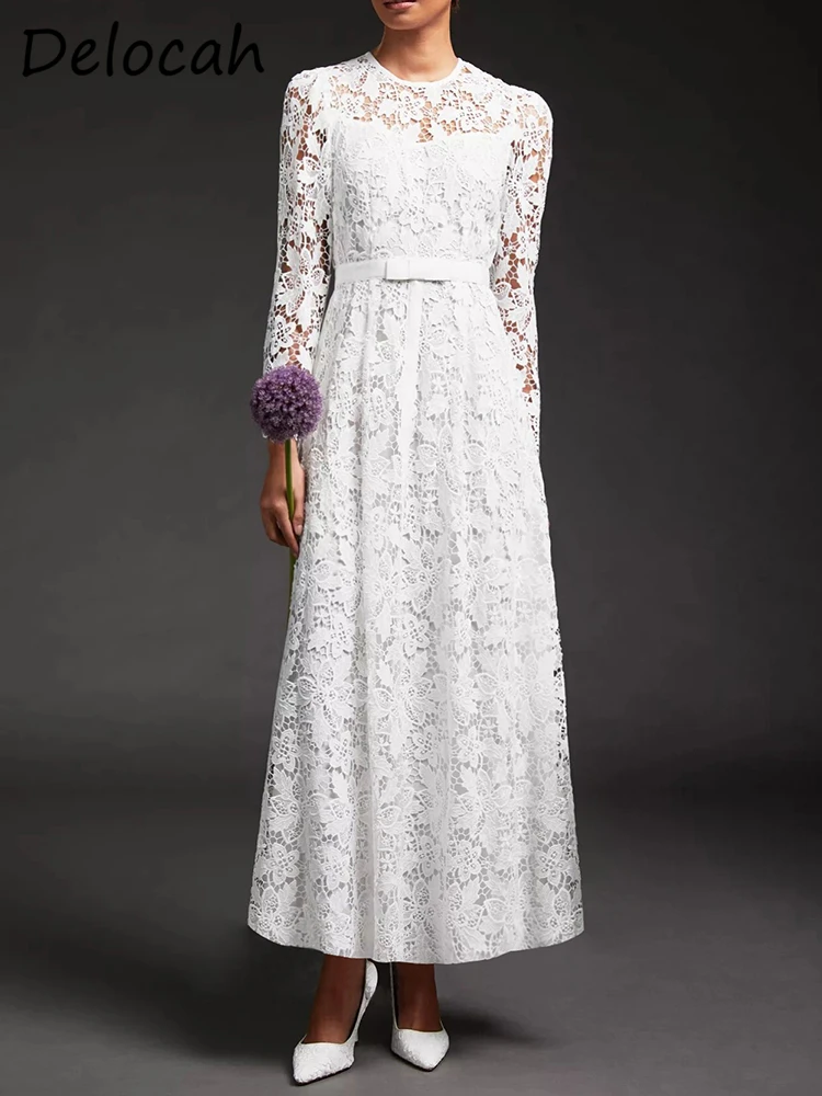Женское платье макси Delocah белое кружевное с длинным рукавом и бантом высокой