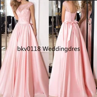 elegant a line pink long satin prom dress party dress with hand made bow floor length high quality long evening dress