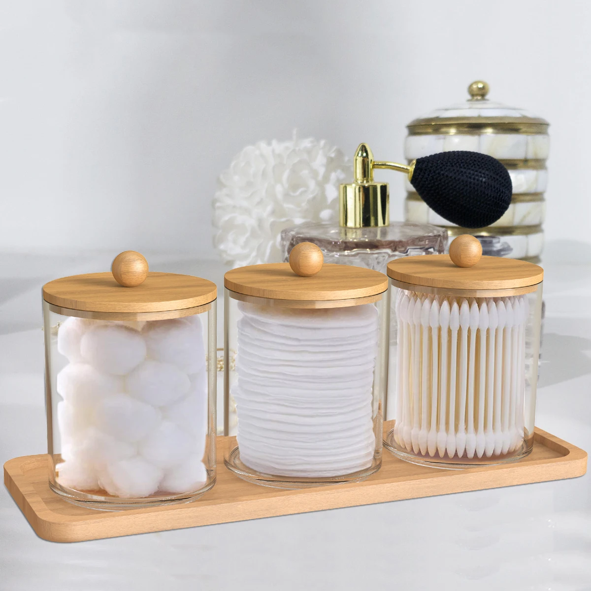 

Dispenser Lids Bamboo Qtip 3pcs Clear Holder Reusable Tray Cotton With With Dispenser Swab Acrylic Jars Storage Bathroom