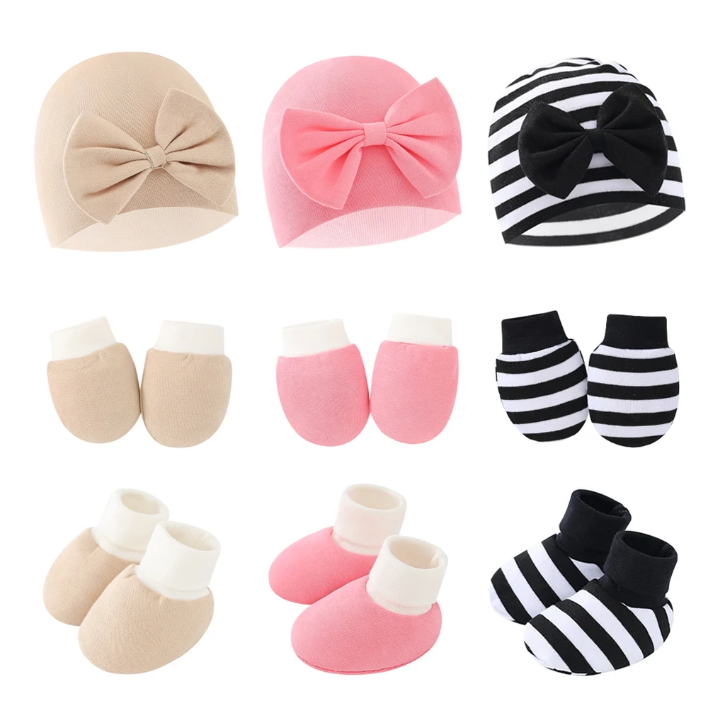 

Bows Baby Beanie Gloves Socks Set Cotton Newborn Hat for Girls Boys Toddler Caps Infant Accessories New Born Gift 0-6M
