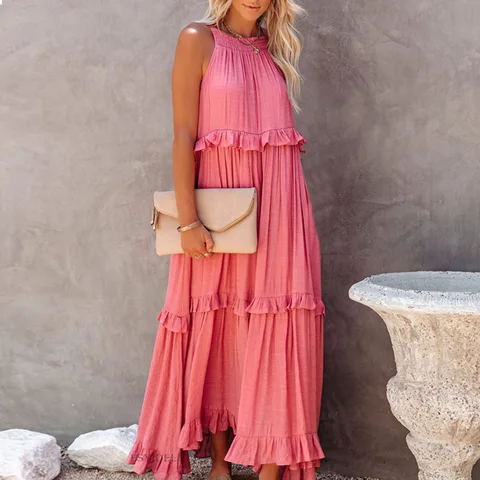 Summer Elegant Dresses Loose Women Beach Long Dresses Sleeveless Hollow Tie-Up Solid Color Female Party Dress Ruffle Robe