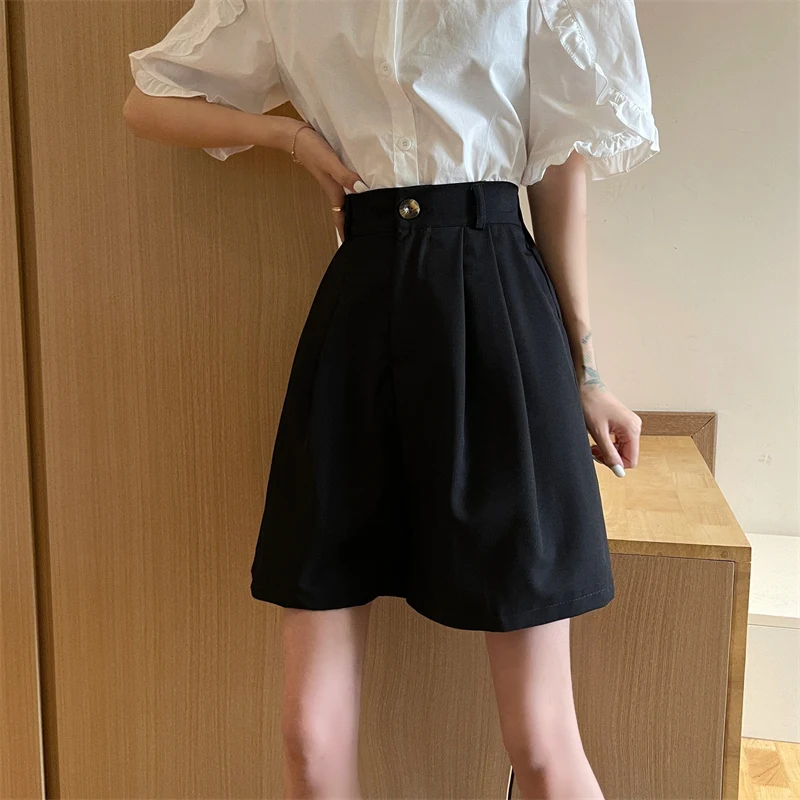 

Shorts Women Summer Button high waist Black Wide-leg Loose Korean-style Casual Womens Elastic Waists Short Pants Fashion Simple