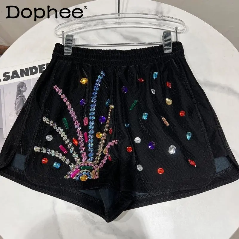 

2022 Autumn New Arrivals Elastic Waist Colorful Beads Embroidered Flares Pu Shorts Women