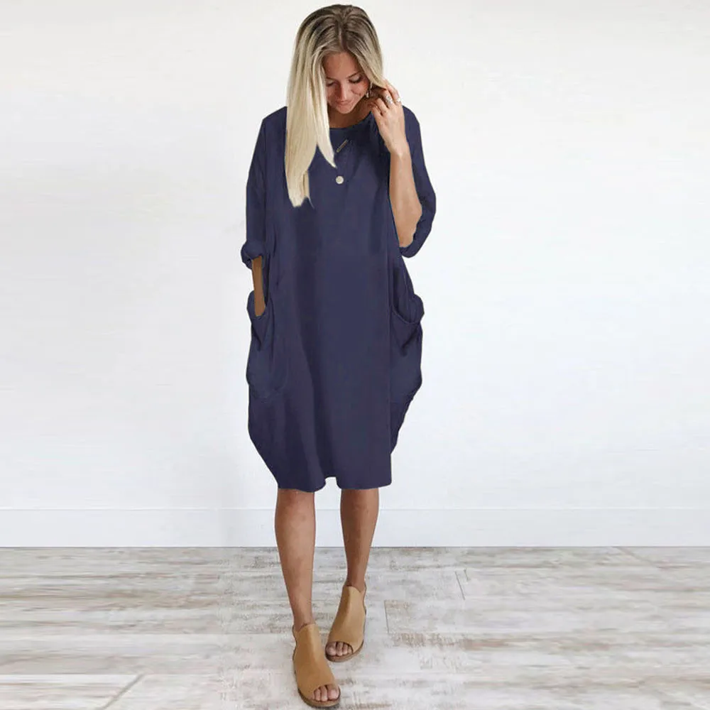 

Women Loose Midi Dress With Pockets 2022 Spring Summer Ladies Long Sleeve Oversized T-Shirt Dress Women Casual Beach Dresses