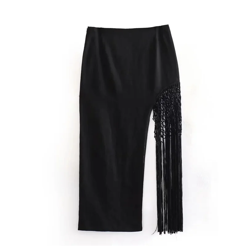 

TRAF 2023 Fringed High Rise Midi Skirt Fashion Side With Fringe Trim Party Skirts Elegant Black Hidden Zip Closure Skirt