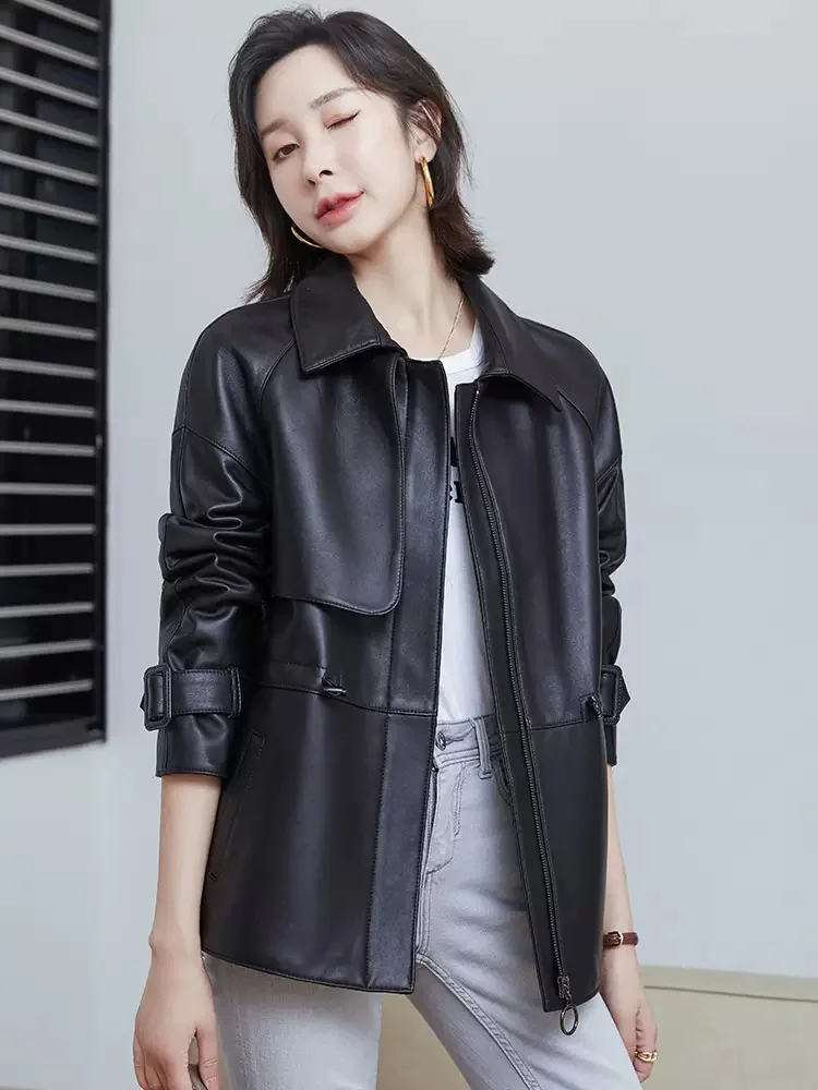 New Women Genuine Leather Down Jacket Autumn Winter Fashion Casual Wool Turn-down Collar Sheepskin Coat Loose Outerwear Female