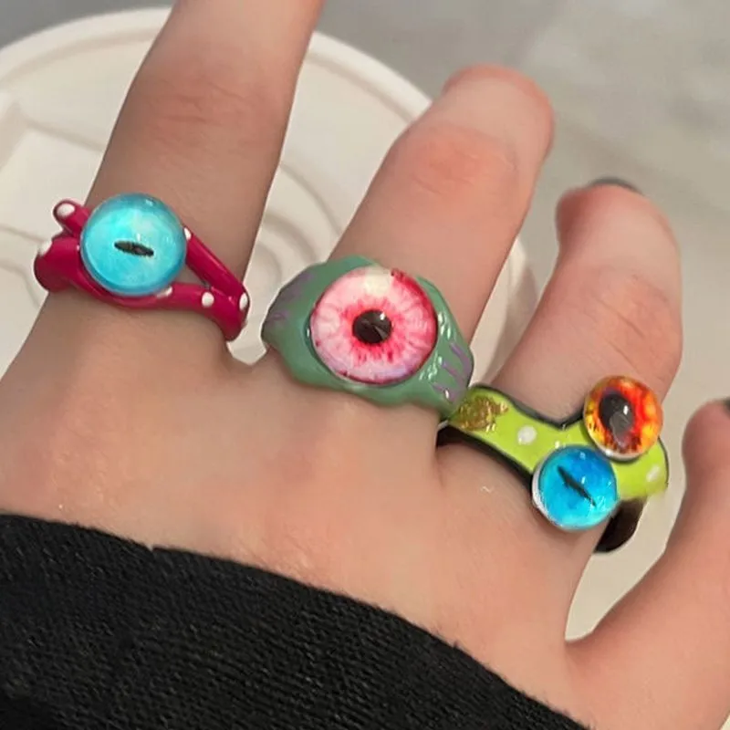

Evil Eye Ring Cute Green Monster Stackable Ring for Women Fashion Two Color Cat Eyes Open Couple Party Finger Statement Rings