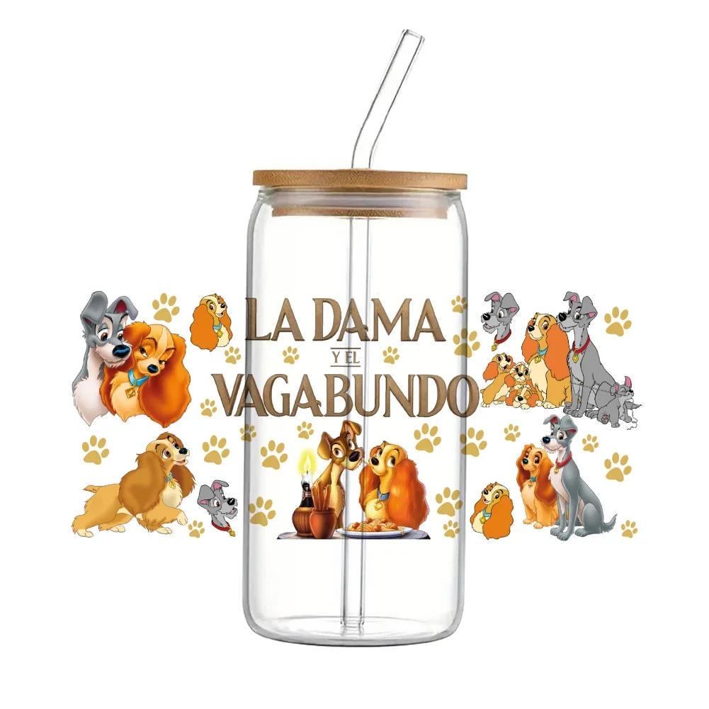 w postaci kreskówki Disney Lady And The Tramp UV DTF Transfer Sticker Wodoodporne naklejki transferowe do naklejek na szklane kubki o pojemności 16