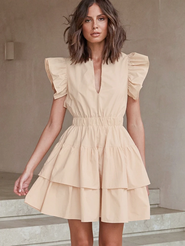 

Mini Dress Sexy Hollow Out Cake Dress French Elegant Summer Dress Streetwear Flying Sleeve Vestido Feminino Party Dresses Women