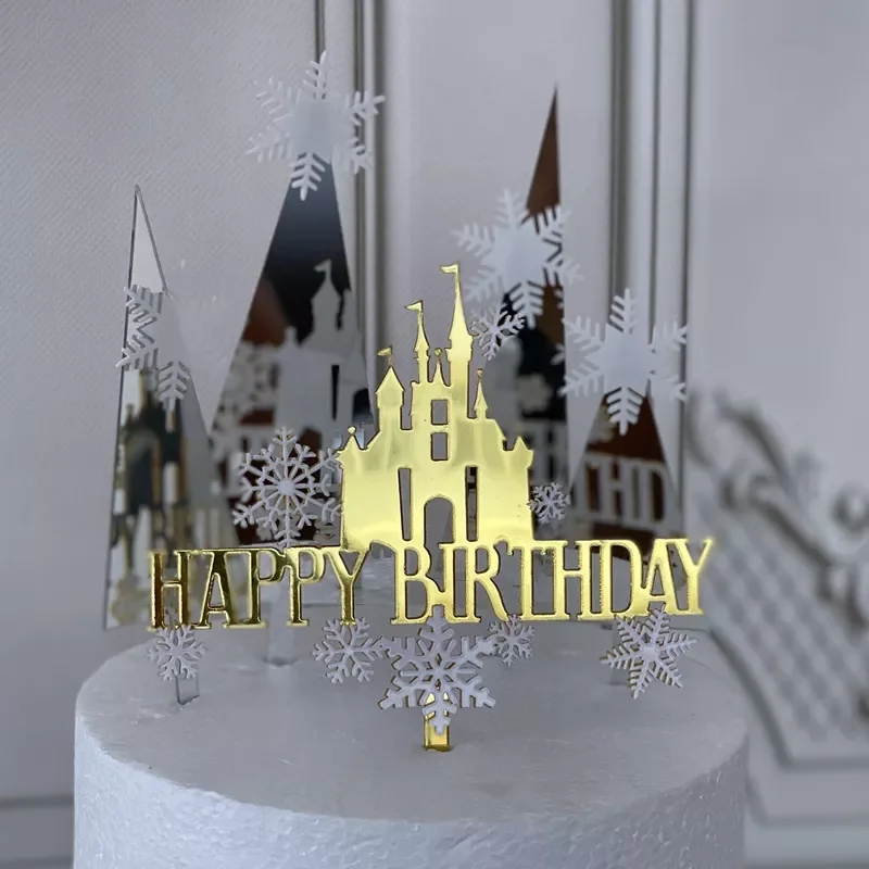 

Birthday Cake Topper Snow Castle Double Acrylic Cake Topper Colorful Tree Birthday Decoration Party Favors