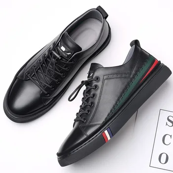 New Shoes for Men Striped Genuine Leather Casual Shoes Trend Flats Skate Shoes Cow Leather Slip-on Sneakers 1