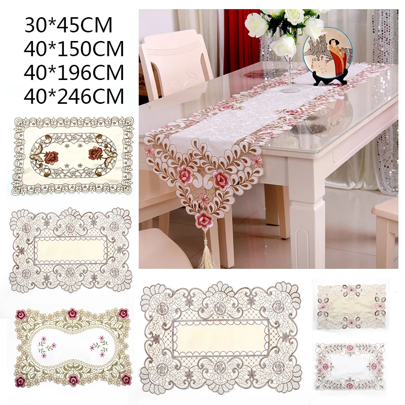 

Vintage Embroidered Floral Lace Fabric Table Runner Translucent Gauze Table Cloth Hollow Out Retro DIY Wedding Table Desk Decor