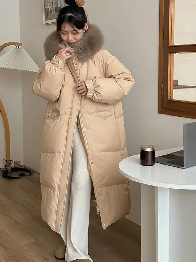 Корейский модный женский черный розовый элегантный пуховик с длинным рукавом из