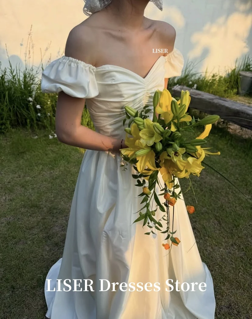 Фото Liser Sweetheart Корейские свадебные платья трапециевидной формы с короткими рукавами Простое шелковое атласное элегантное свадебное платье для фотосессии 저 opple 드레스 Настроить №3