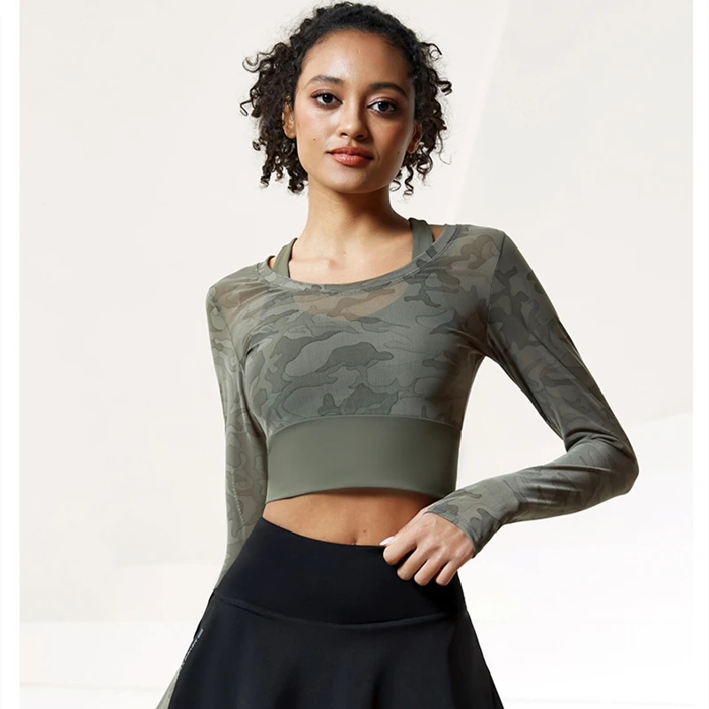 Women Camouflage Long Sleeve 2 in 1 Cross Back Yoga Shirt Mesh Breathable Running Wear Workout Gym Sport Tops With Chest Pad