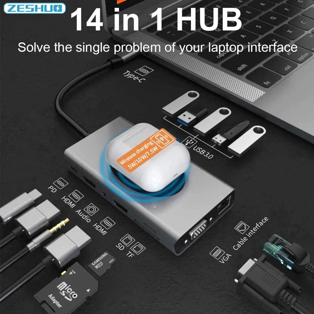 

14 в 1 Концентратор USB C к HDMI, совместимый Rj45 100M PD VGA SD TF Card Audio USB 3.0 Беспроводное зарядное устройство Многопортовый адаптер USB C Док-станция для ...