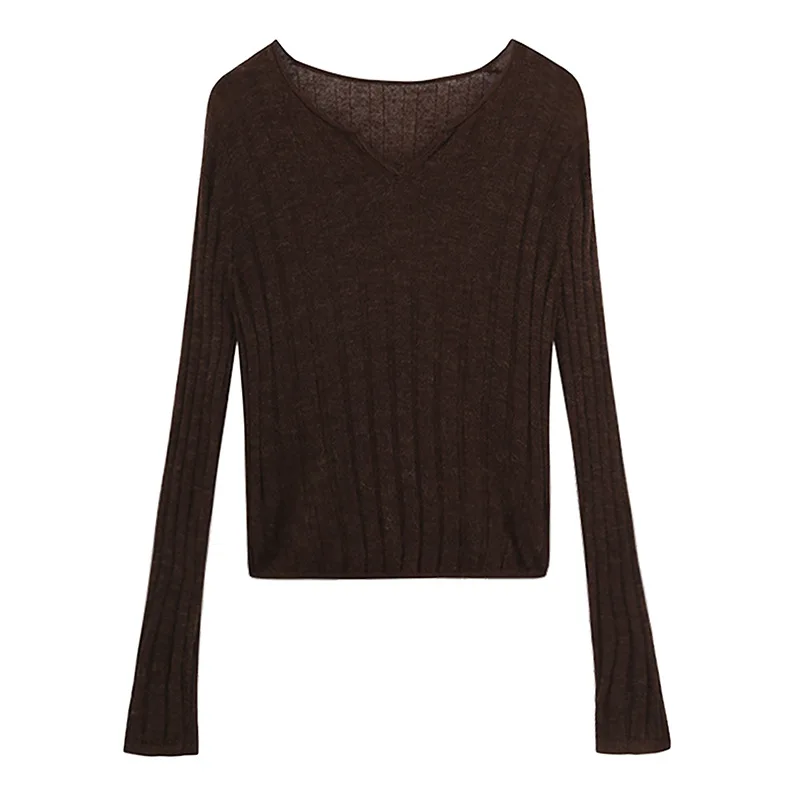 

Cropped See Through Light Weight Wool Sweater Ribbed Notched Scoop Neck Knitted Top Women Knitwear