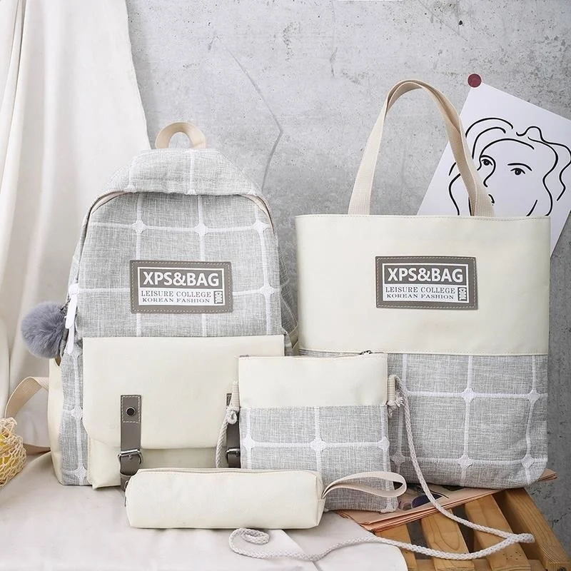 

Multifunctional and Versatile Student Schoolbag Female Korean Version of Harajuku Style Canvas Plaid Four-piece Backpack