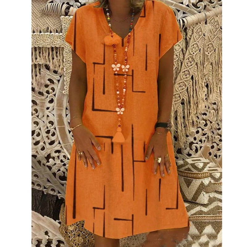 

New Elegant Women's Beautiful View Printed Painting Dress Round Neck Loosen Female Dress New Design Blue Red Purple