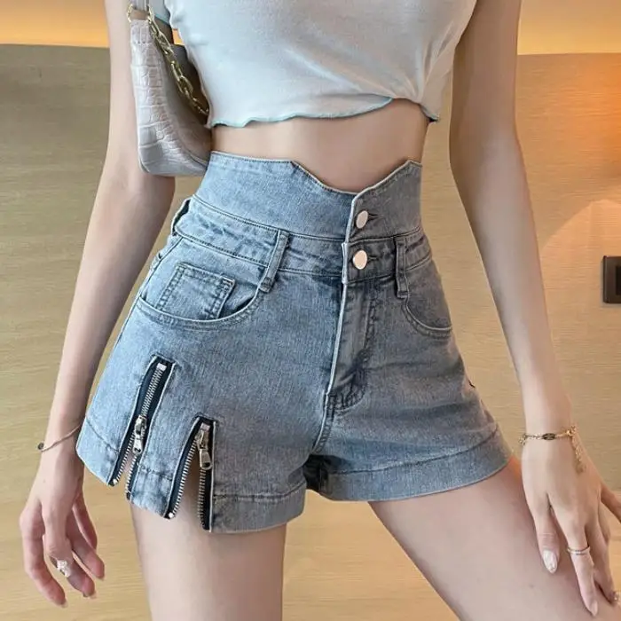 

Women 2022 Summer New Korean Zipper High Waist Jeans Shorts Female Loose Wide-leg Shorts Ladies Pockets Casual Denim Shorts D163
