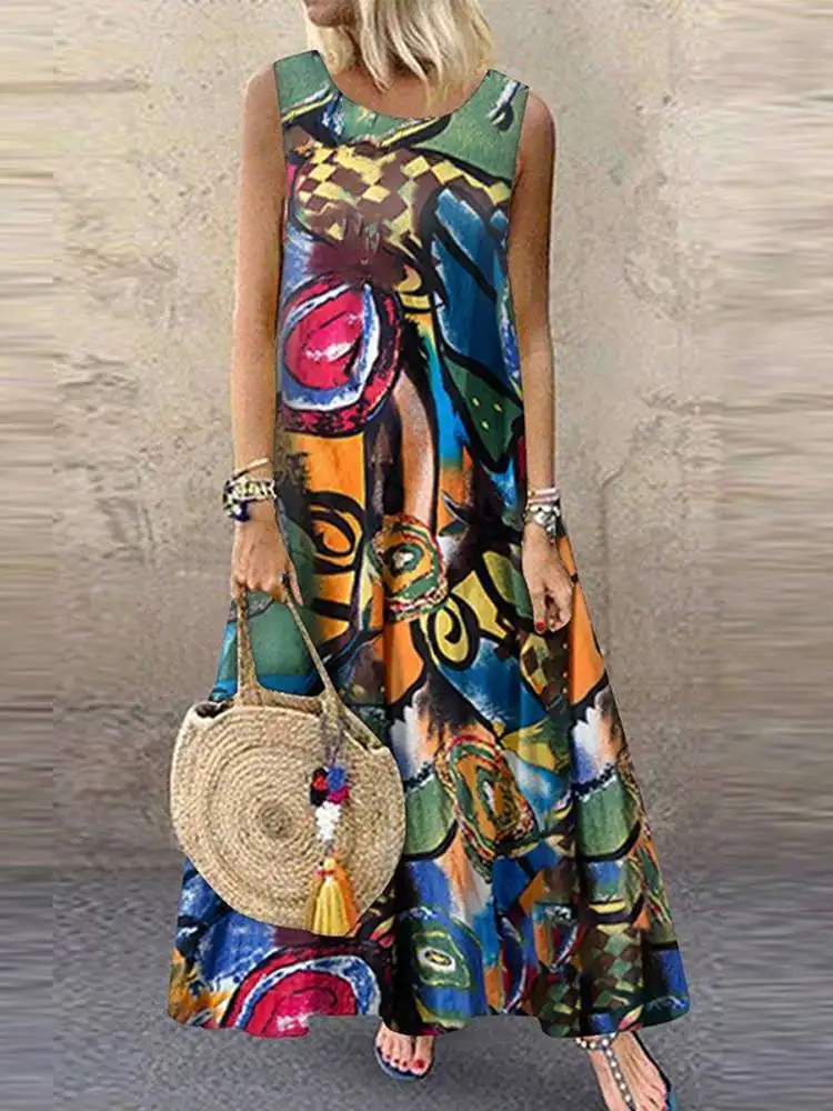 

ZANZEA 2023 Summer Printed Maxi Dress Women Vintage O Neck Sleeveless Sundress Bohemian Holiday Maxi Vestidos Casual Robe Femme