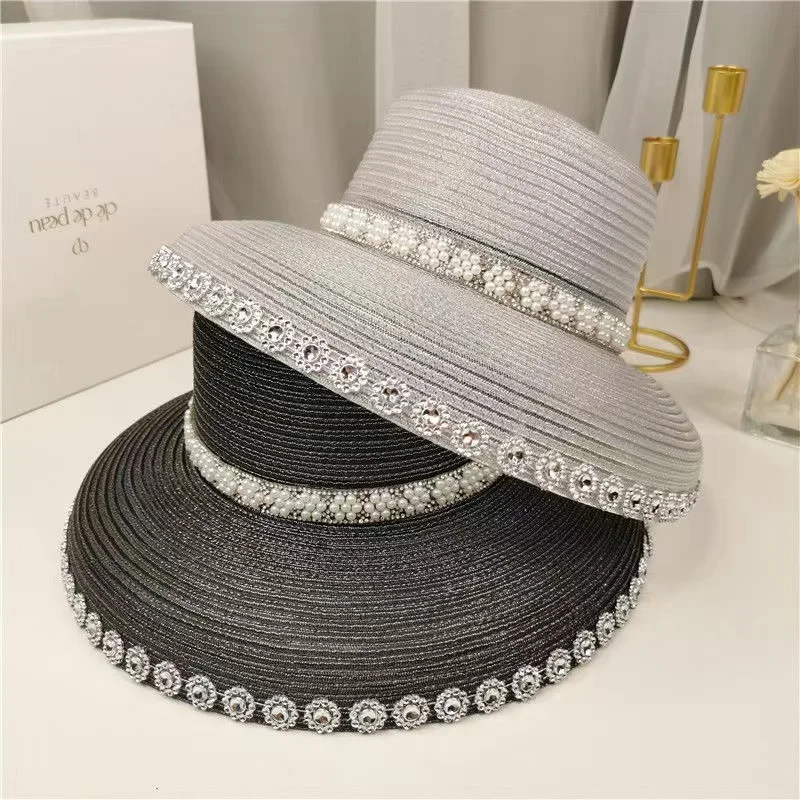 

Women Organza Straw Hat French Vintage Rhinestone Pearl Hat Wide Brim Summer Beach Hats Hepburn Style UV Protection Sun Hats