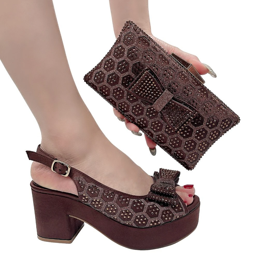 Burgundy Wedding Pumps Shoe and Bag Set Lady Bling Bling Top Brand 41 42 Chunky Heel and Purse Italian Mules Shoe with Purse Set