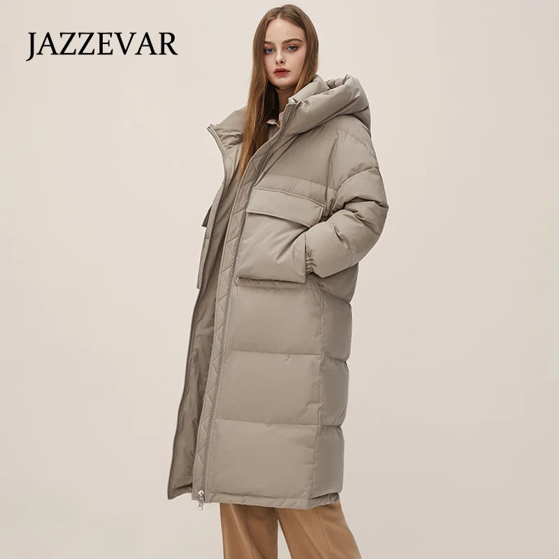 JAZZEVAR Winter 2022 New Long Down Jacket  Thickened Hat Warm Cold Solid Color Versatile Coat Female