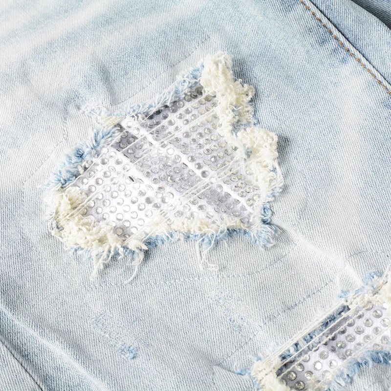 High Street Fashion Men Jeans Retro Light Blue Stretch Skinny Fit Ripped Jeans Men Beading Patched Designer Hip Hop Brand Pants