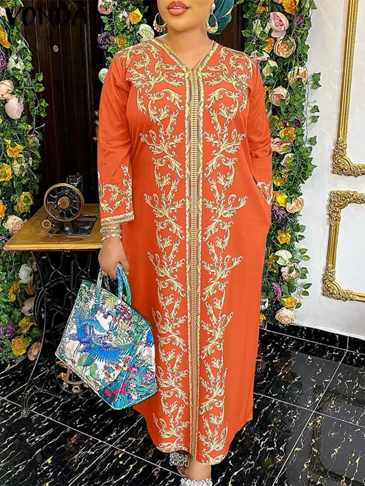 

VONDA Plus Size 2022 Summer Dress Women Long Sleeve Vintage Printed Bohemian Maxi Vestido Robe Sexy V Neck Pleated Long Sundress