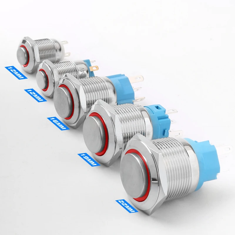 

12/16/19/22 мм металлический кнопочный переключатель 5-контактный с подсветкой самоблокирующийся самосброс водонепроницаемый высокий выключатель питания двигателя автомобиля 1NO1NC