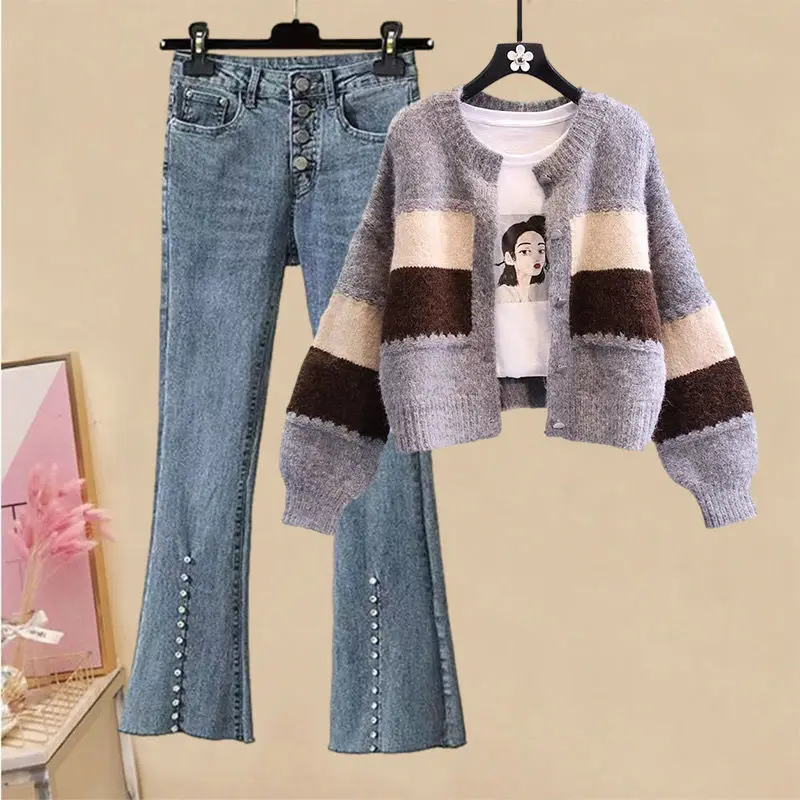 Women Denim Two Piece Set Female V-neck Knitted Cardigans Tops and Wide Leg Streetwear Pant Suits Ladies Denim Trousers Suit G01