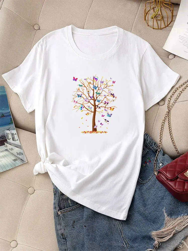 

Summer Women T-shirt Graphic Fashion 100% Cotton Short Sleeve Butterfly Tree Print Female Casual Regular T Shirt O-Neck Tee Tops
