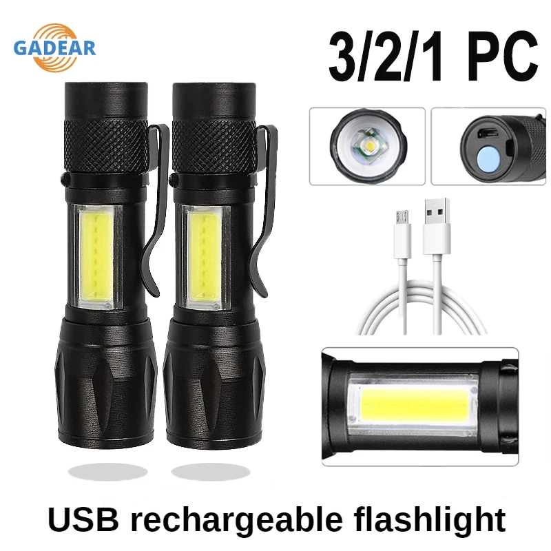 

Mini LED Flashlight Portable USB Rechargeable Q5 Torch Zoomable Waterproof Light Outdoor 3 Lighting Modes Camping Hiking Hunting