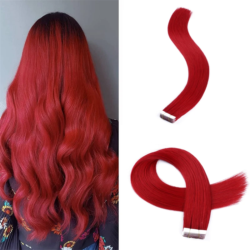 Red Color Tape In Human Hair Extensions Silky Straight High Quality Skin Weft Hair Extensions Adhesive Invisible