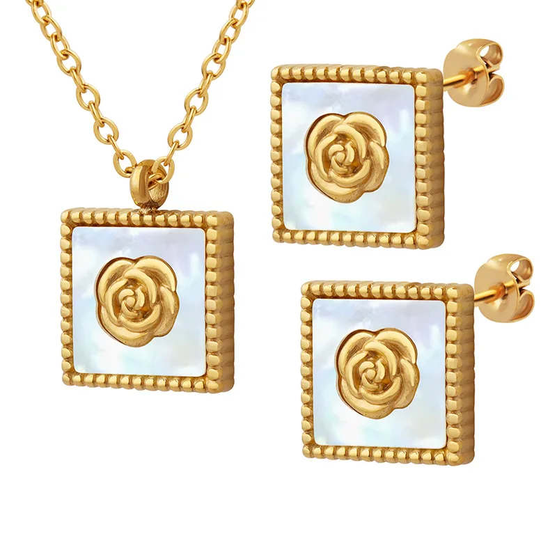

Versatile Fashion Square Pendant Necklace Earrings Jewelry Set Inlaid White Sea Shell Waterproof Stainless Steel Accessories