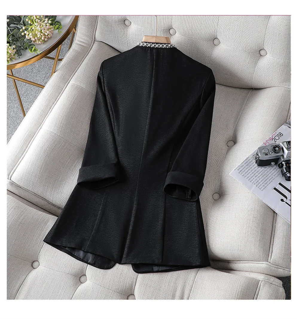 2023 Chic Women Blazer Blue White Black Female V neck Half Sleeve Pearls Slim Jacket Lady Business Work Wear Formal Jacket Coat