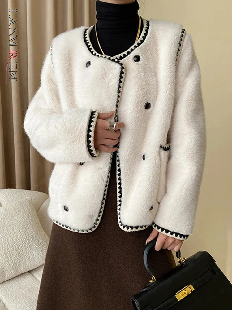 

[LANMREM] элегантные женские пальто из искусственного меха однотонные с круглым вырезом однобортные плотные теплые женские пальто 2023 зимняя Новинка 26D7069