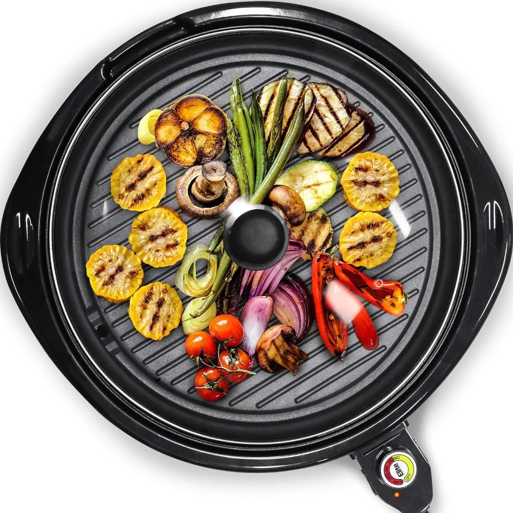 

Elite Gourmet EMG-980BSC Large Indoor Electric Round Nonstick Grill Cool Fast Heat Up Ideal Low-Fat Meals Easy to Clean