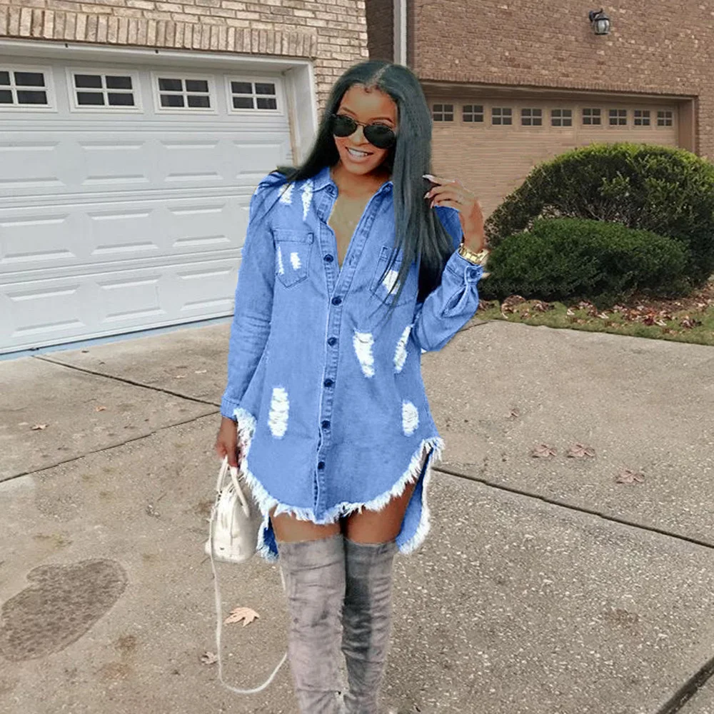 

Znaiml 2022 Long Sleeve Shirt Women's Denim Dress Button Fashion Casual Vestidos Clothes Hole Tassel Popular Loose Dresses Short