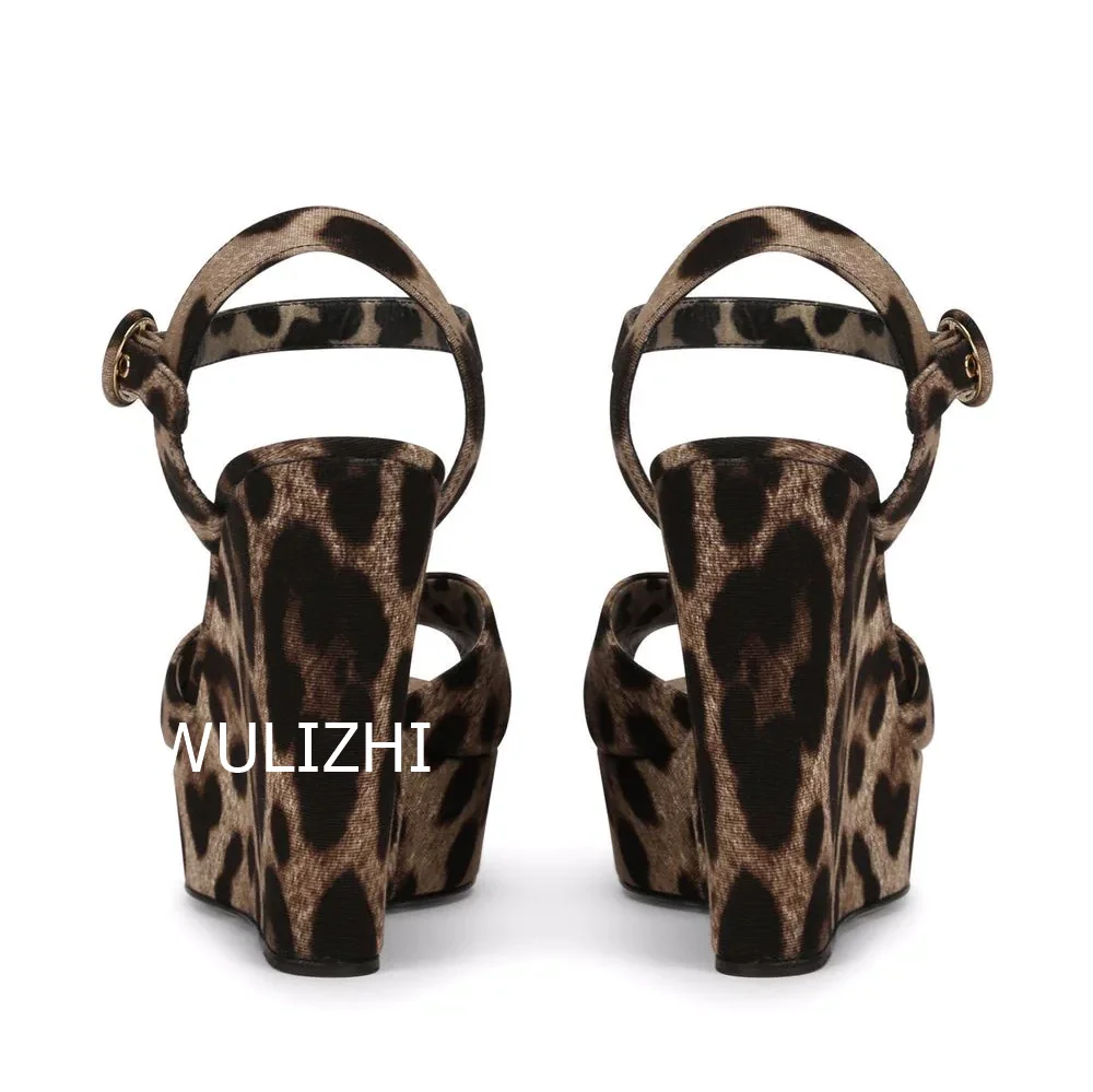 Black Brown Leopard Print Velvet Wedge Sandals Women Slingback Buckle Heels Simple Fashion Hollow Design Summer Patchwork Shoes