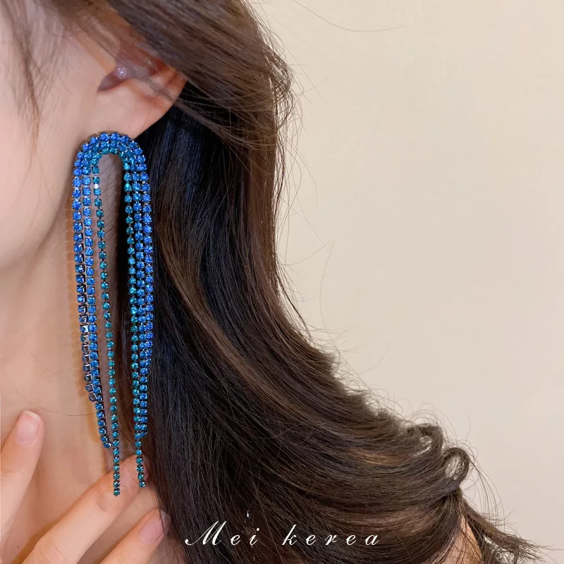 

Silver Needle Geometry Full Diamond Long Tassel Earrings Korea Trend Personality Joker Net Red Temperament Who