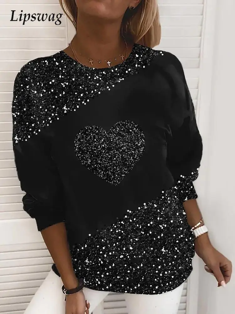 

Fashion Chic Butterfly Heart Highlights Printing Tops Women Casual O-Neck Long Sleeve Pullover All-match Office Lady Loose Blusa