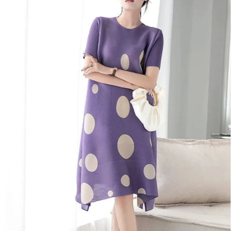 

Wave Point Dress Female 2022 Summer New Fashion Temperament Large Size Long Skirt Pleated Round Neck Loose Thin Dress Female