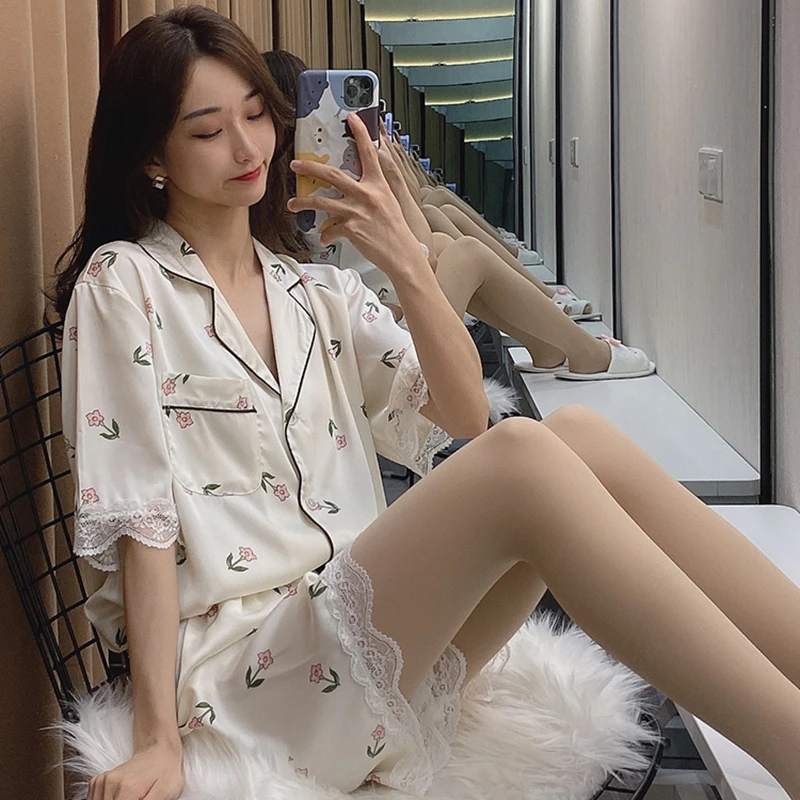 CAIYIER New Summer Stripe Women Sweet Pajamas Set Silk Short Sleeve Leisure Sleepwear Korean Girls Breathable Nightwear Homewear