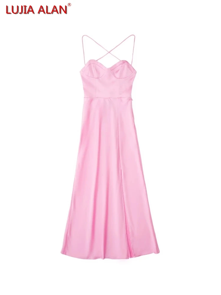 

Women Sexy Backless Satin Sling Dress Summer Female Side Slit Streetwear Vestidos LUJIA ALAN WD676