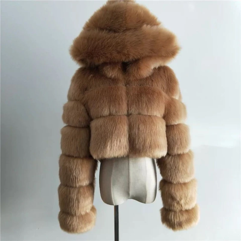 Winter New Fashion Faux Fox Fur Coat Women Luxury Hooded Contrast Short Thick Warm Fluffy Jacket Fake Fur Coats Jackets Clothing